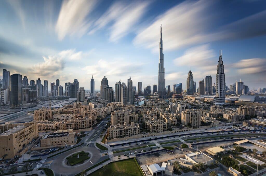 Cityscape of Dubai, United Arab Emirates, with the Burj Khalifa skyscraper and other buildings in