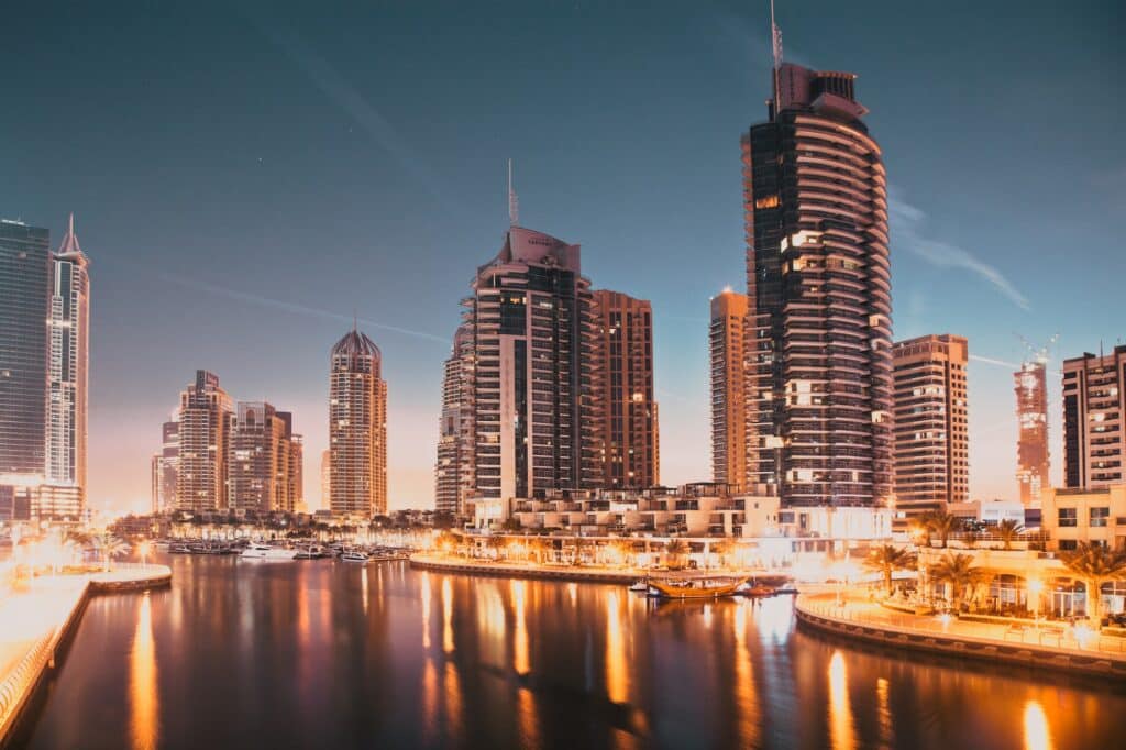 DUBAI, UAE - FEBRUARY 2018: View of modern skyscrapers at night in Dubai Marina in Dubai, UAE.