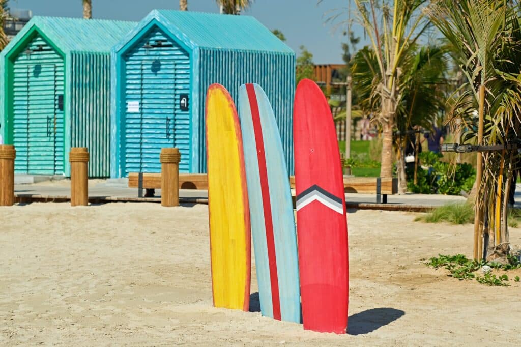 Surfboards and bathing cabins in Dubai