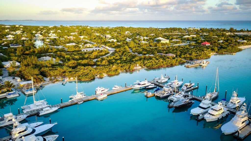 Marina at sunrise with luxury yachts in the Turks and Caicos islands
