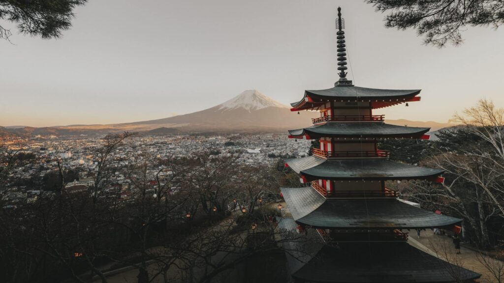 View of Mt. Fuji and Chureito pagoda in Tokyo, Japan