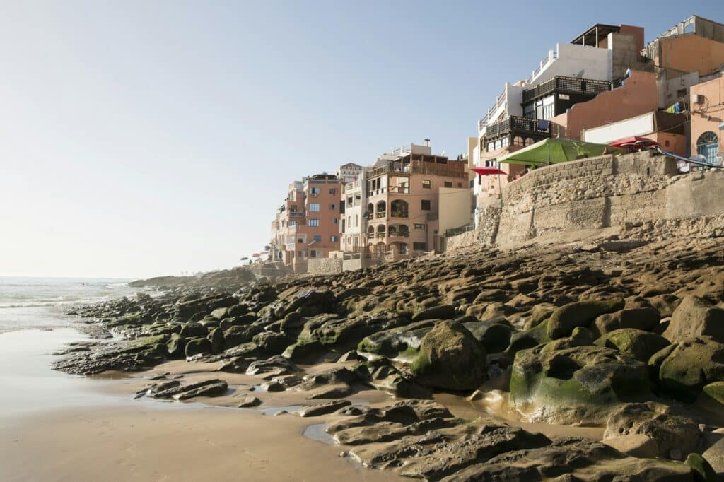 View of beach and coast, Taghazout, Morocco